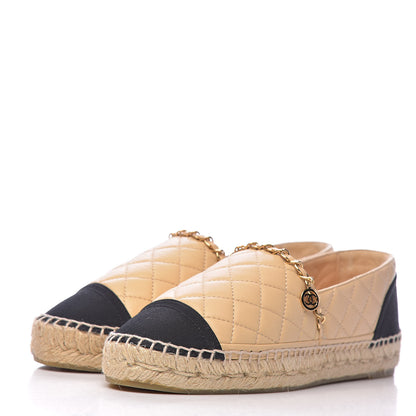 Chanel Lambskin Grosgrain Quilted CC Chain Espadrilles 39 Beige Black 3 of 12