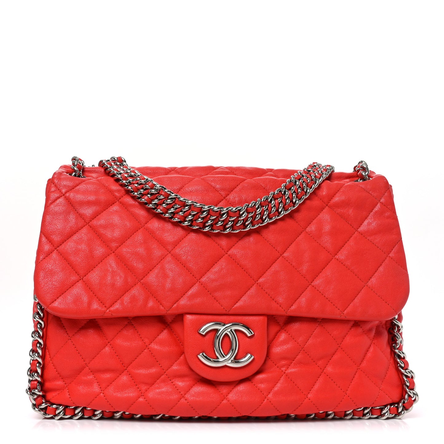 Washed Lambskin Quilted Maxi Chain Around Flap Red