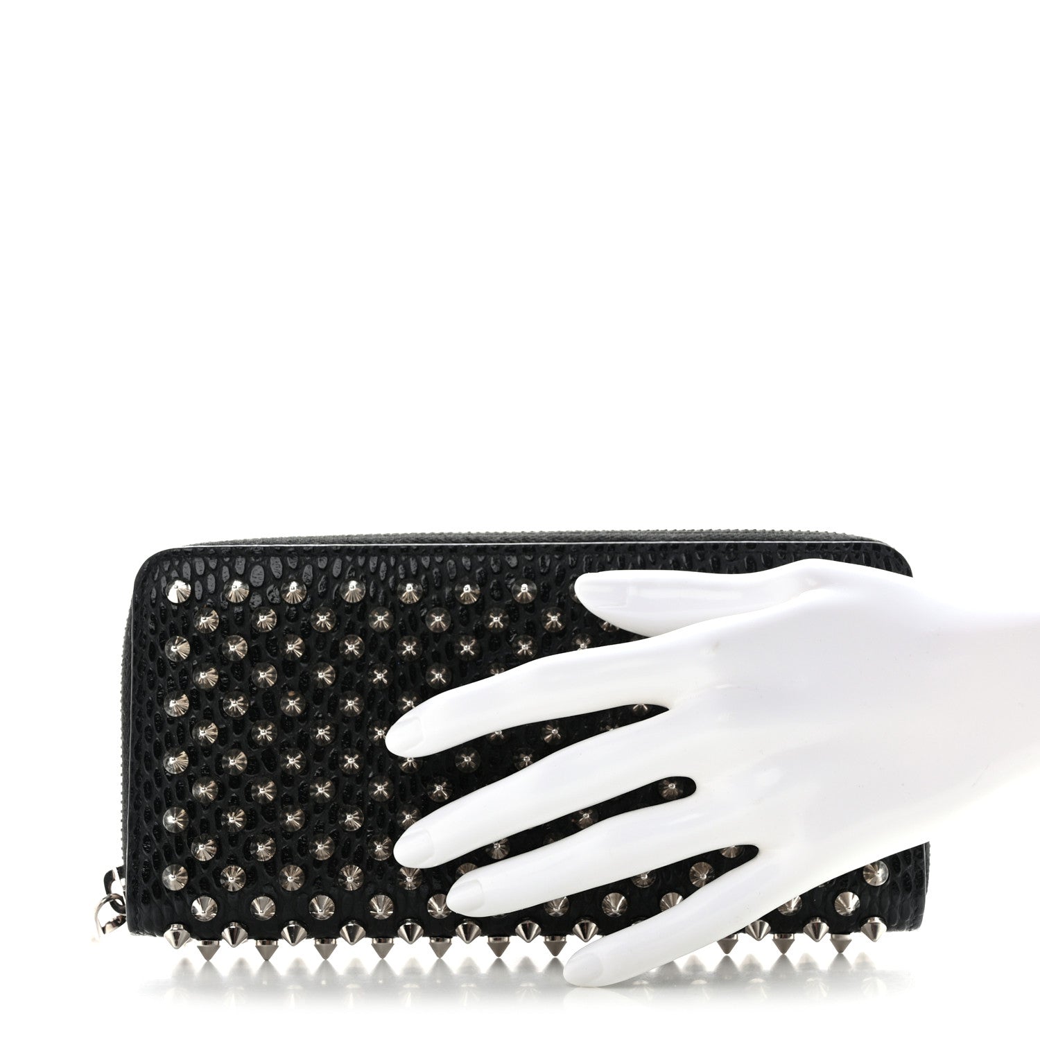 Christian Louboutin Calfskin Snakeskin Embossed Panettone Spiked Zip Around Wallet Black 2 of 12