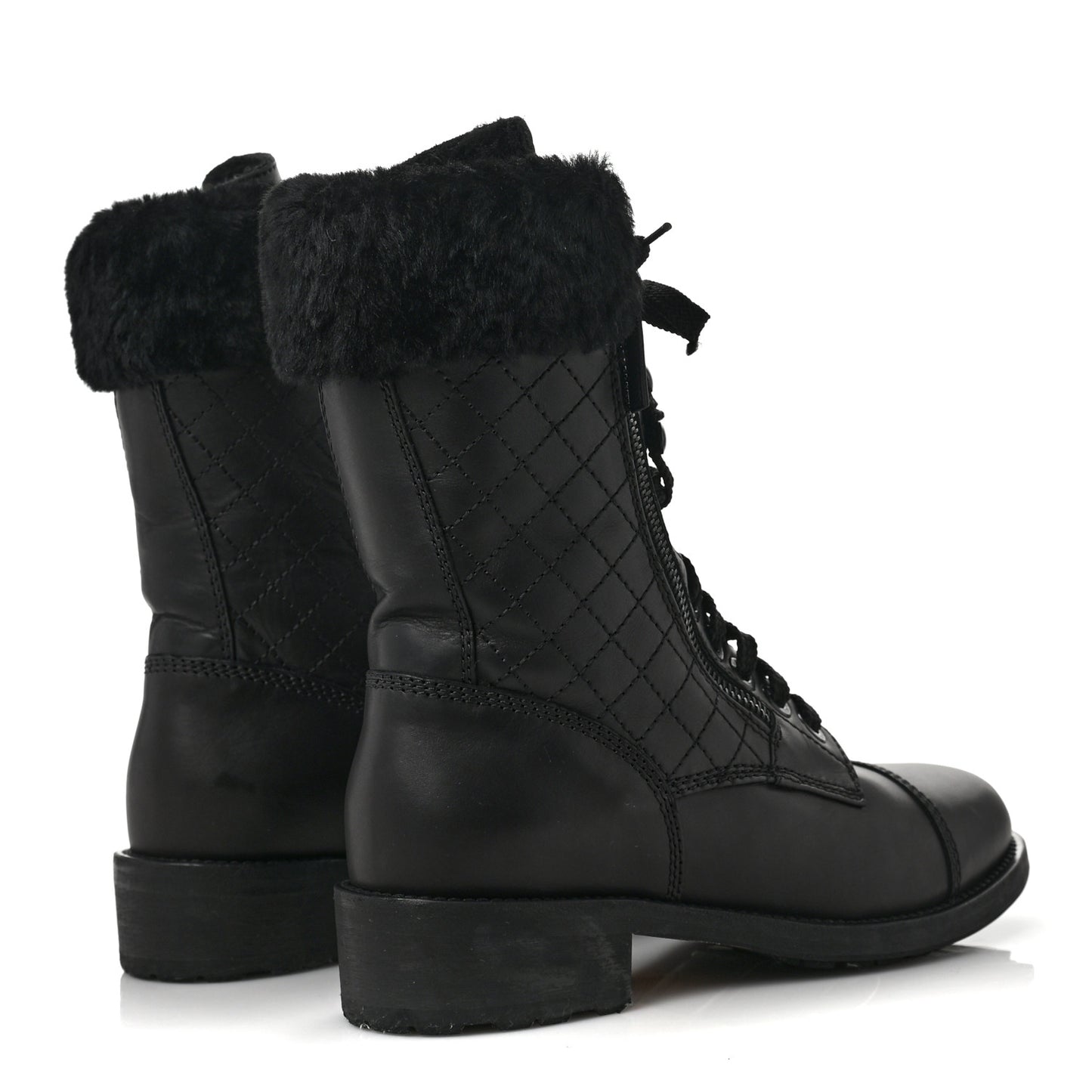 Calfskin Quilted CC Tall Lace Up Combat Boots 37 Black