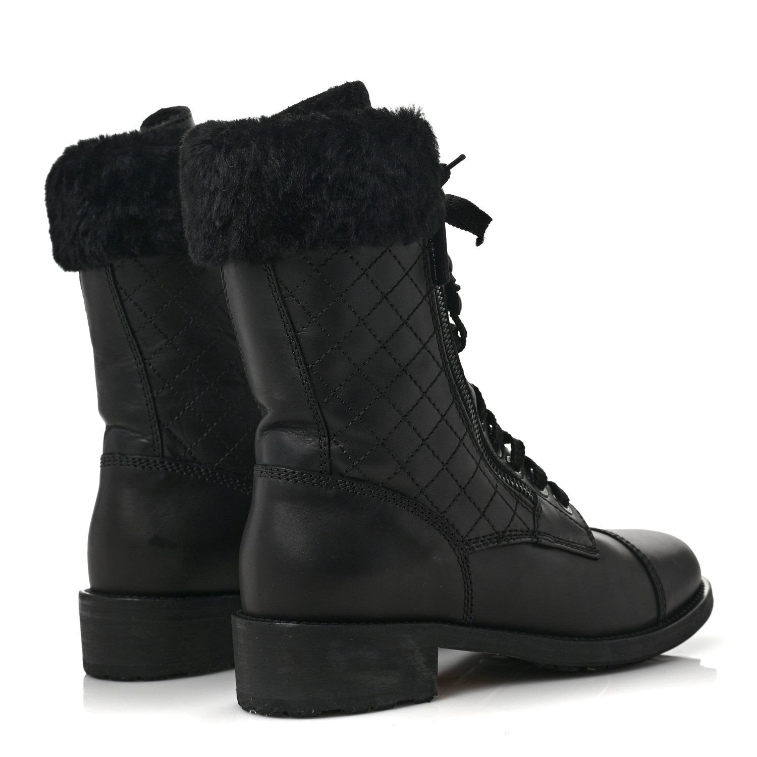 Chanel Calfskin Quilted CC Tall Lace Up Combat Boots 37 Black 4 of 6