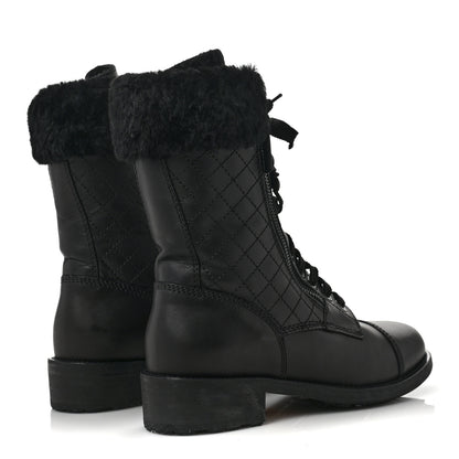 Chanel Calfskin Quilted CC Tall Lace Up Combat Boots 37 Black 4 of 6