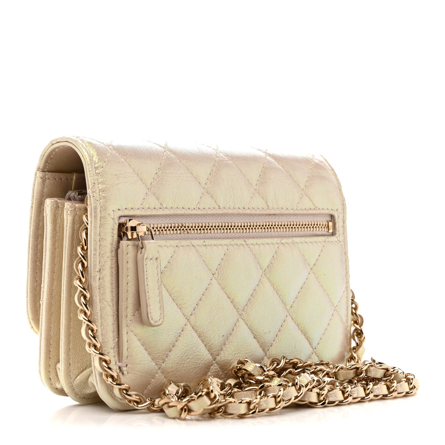 Iridescent Lambskin Quilted Mini Wallet On Chain WOC Ivory