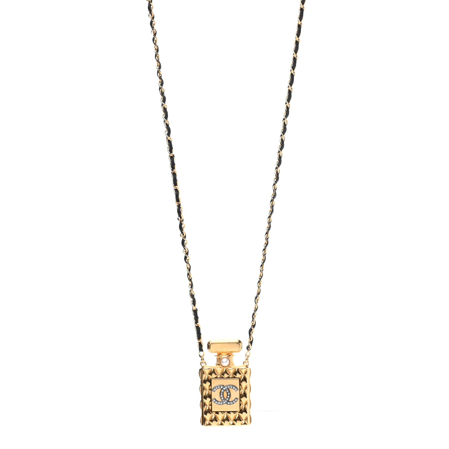 Chanel Crystal Pearl Perfume Bottle CC Necklace Black Gold 1 of 7
