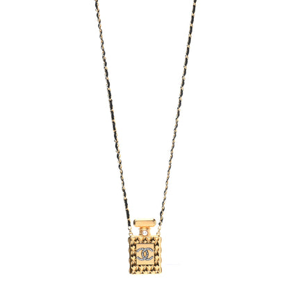 Chanel Crystal Pearl Perfume Bottle CC Necklace Black Gold 1 of 7