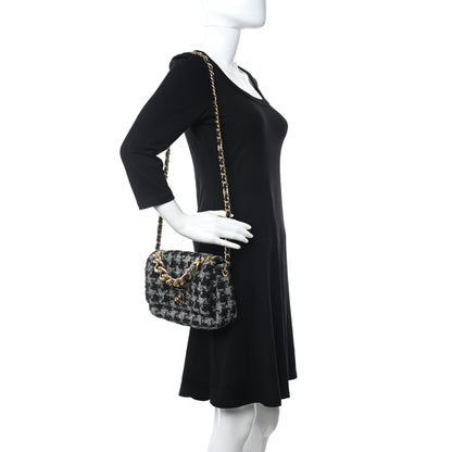 Chanel Wool Tweed Quilted Elegant Chain Flap Black Grey 2 of 11