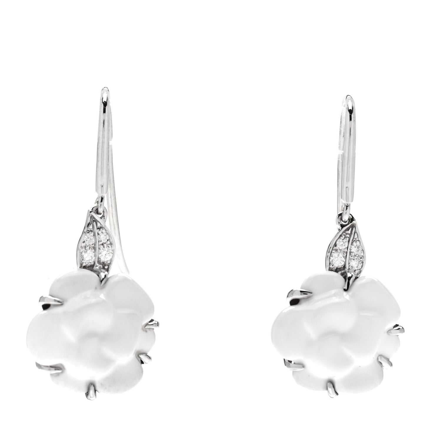 18K White Gold Diamond White Agate Camelia Sculpte Drop Earrings