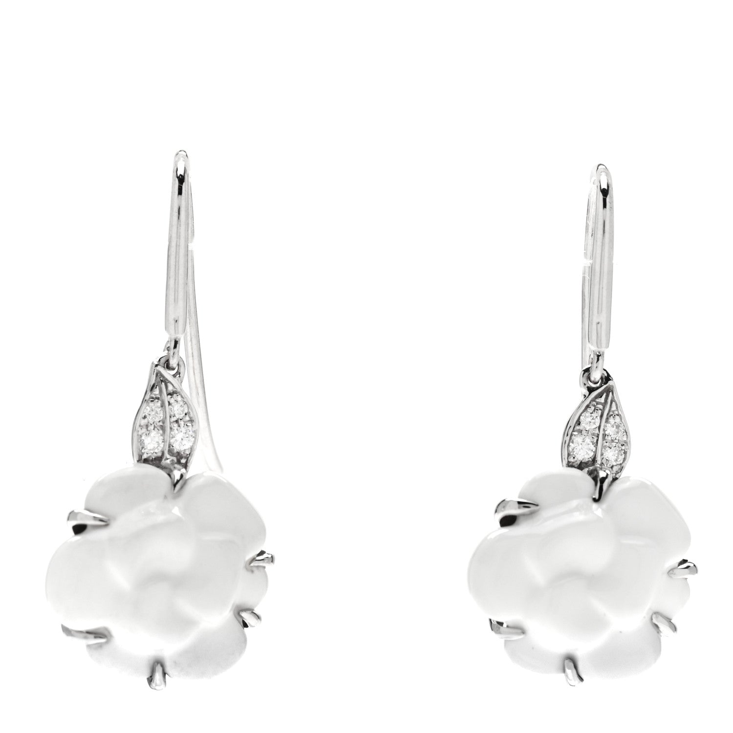 Chanel 18K White Gold Diamond White Agate Camelia Sculpte Drop Earrings 1 of 5