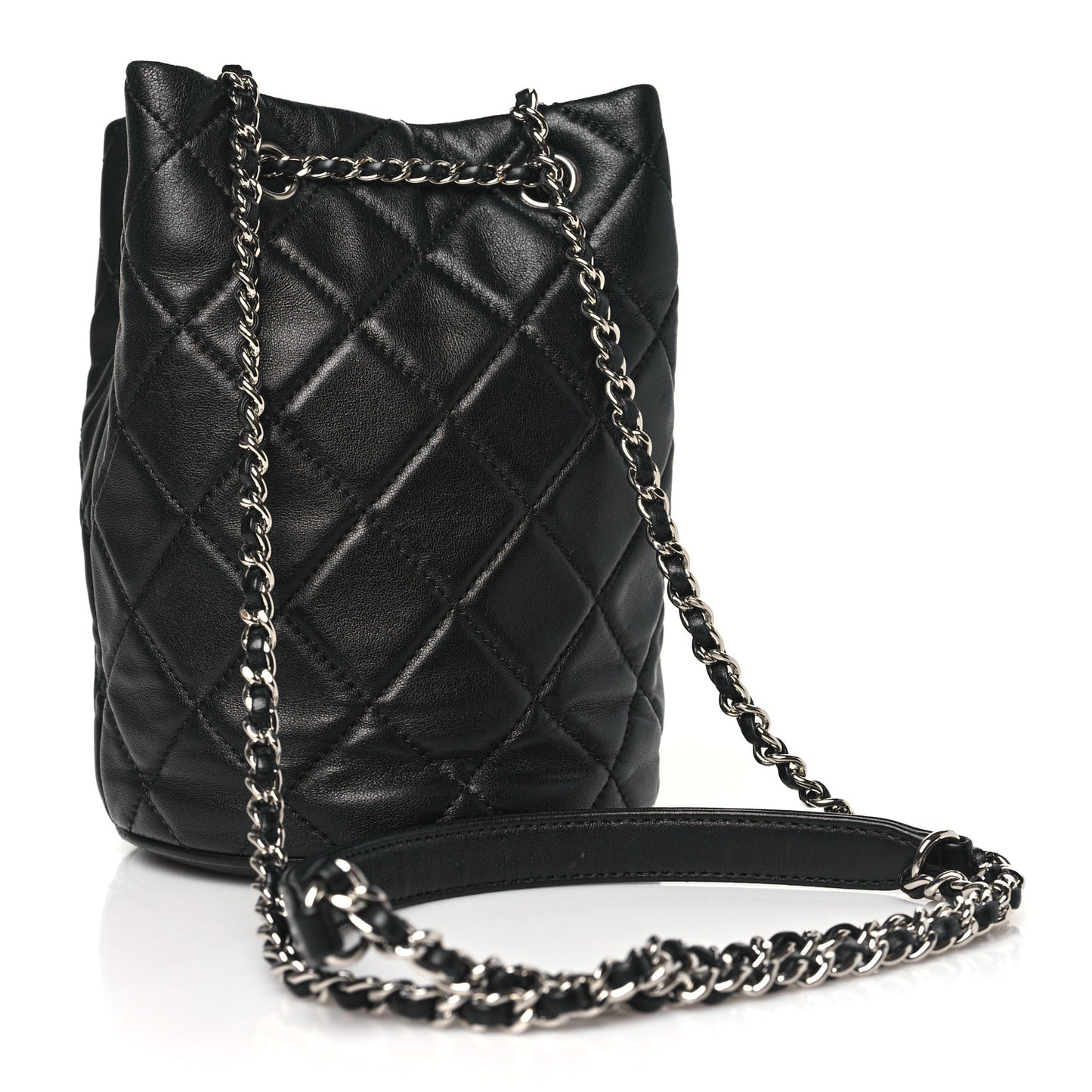 Lambskin Quilted CC Drawstring Bucket Bag Black