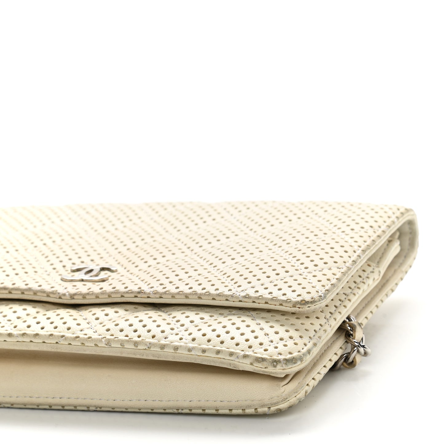 Perforated Lambskin Quilted Wallet On Chain WOC Beige