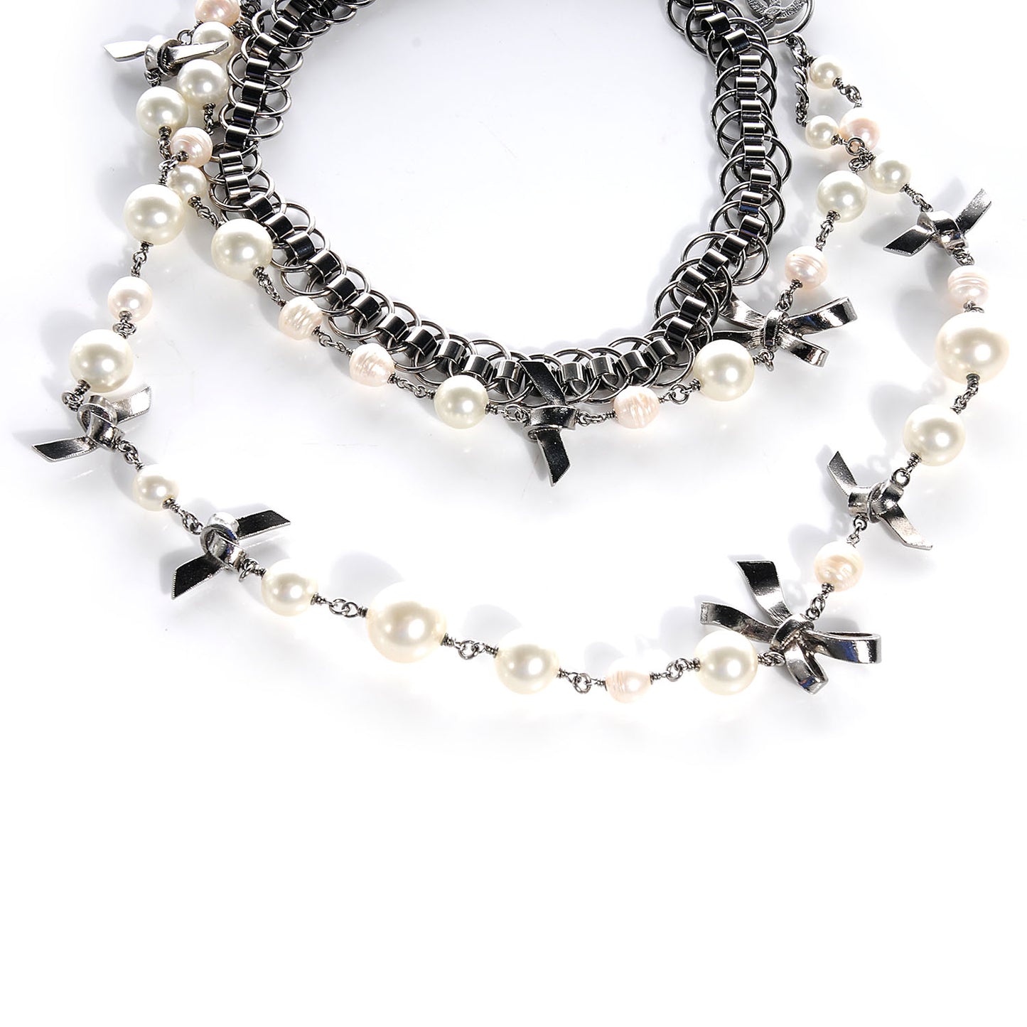Pearl Chain And Bow Necklace Dark Silver