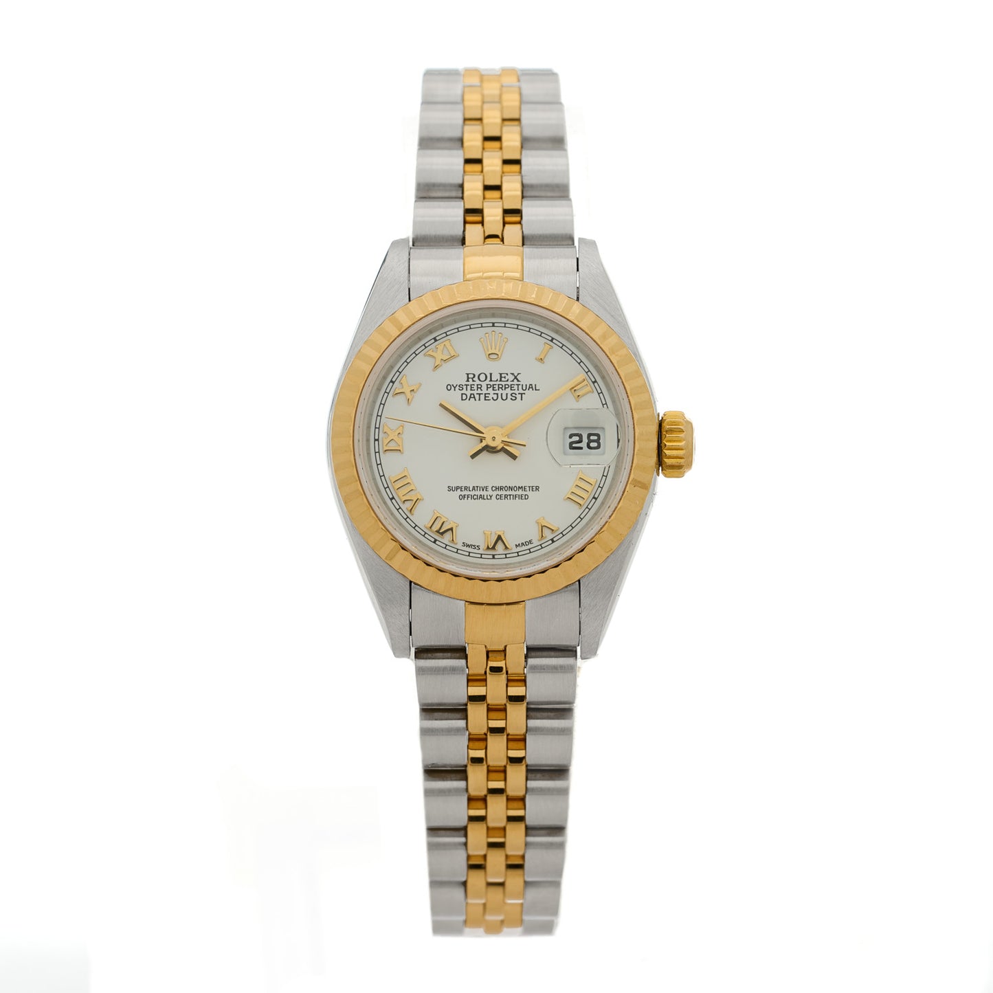 Stainless Steel 18K Yellow Gold 26mm Oyster Perpetual Datejust Watch White Roman 79173