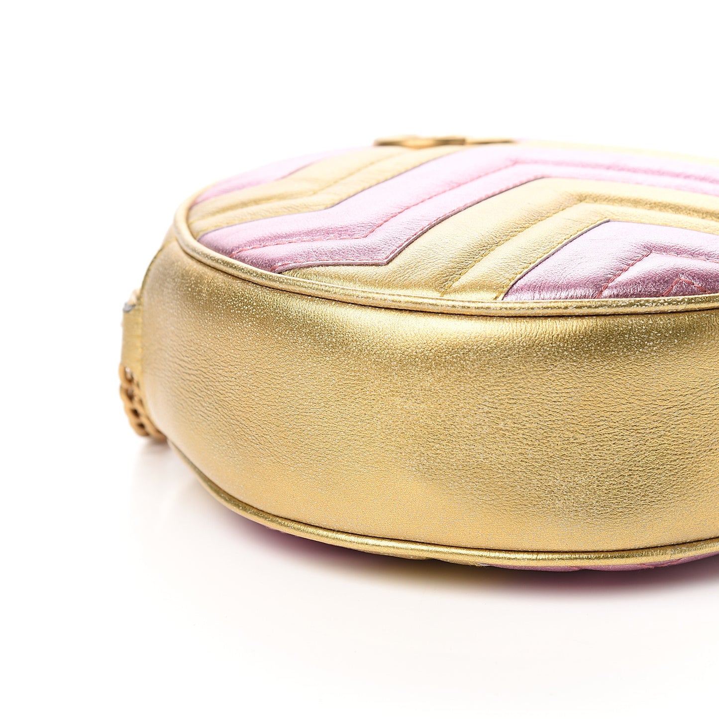 Metallic Calfskin Matelasse Mini GG Marmont Round Shoulder Bag Gold Pink
