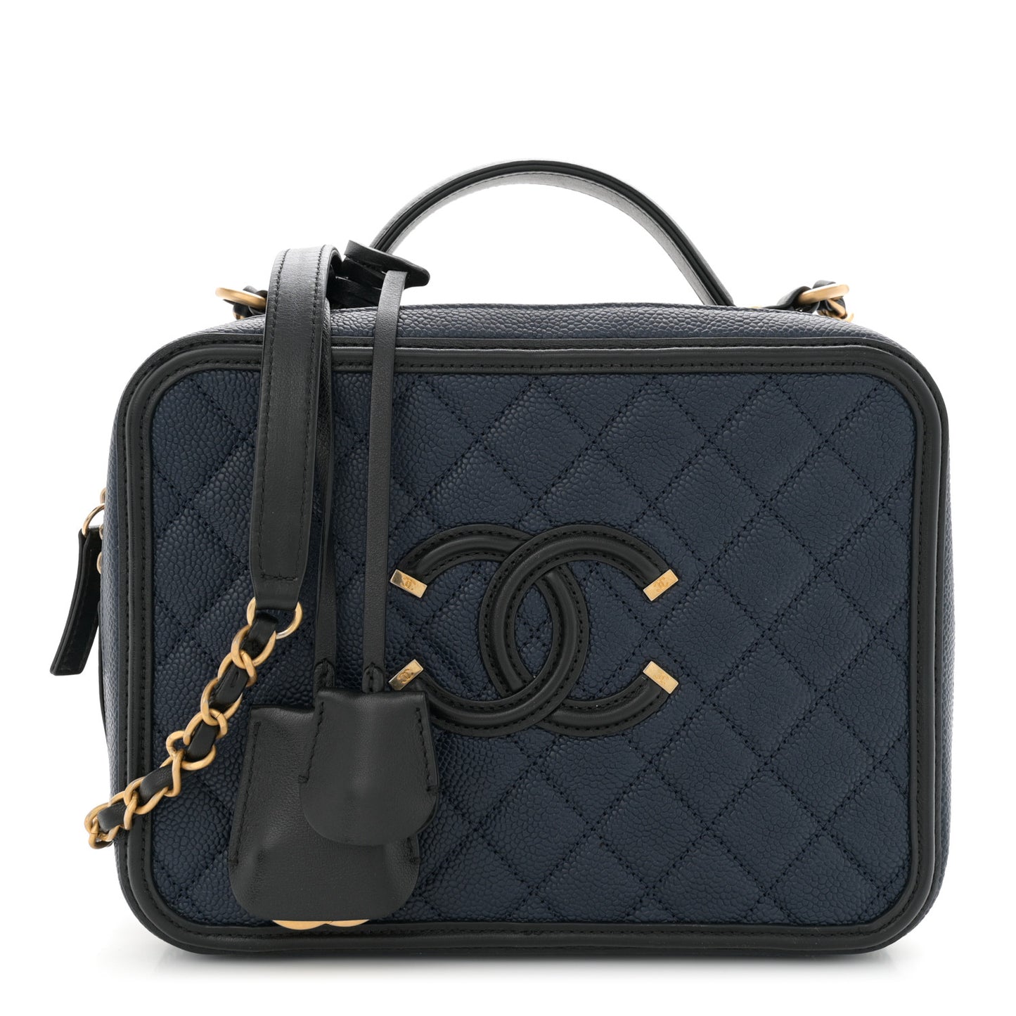 Caviar Quilted Large CC Filigree Vanity Case Navy Black