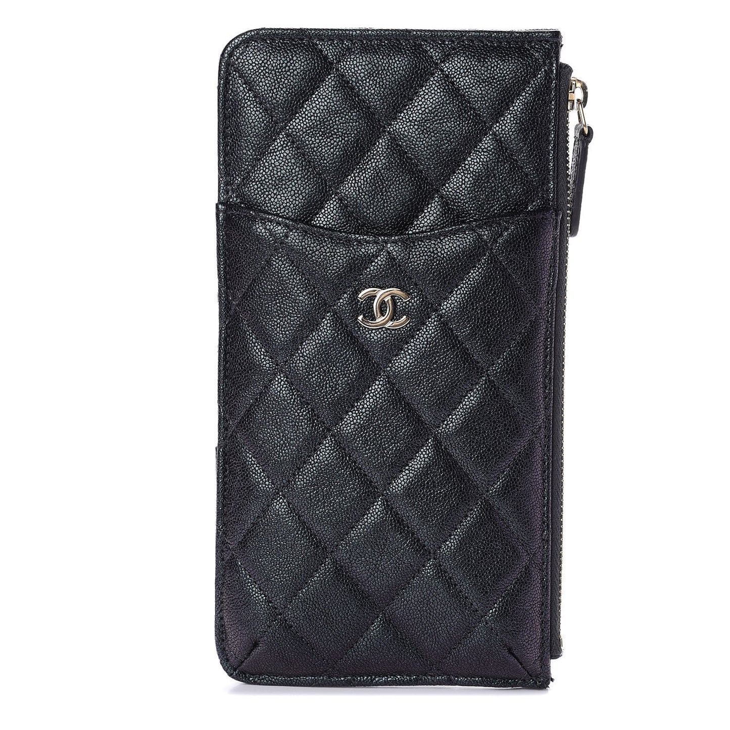 Iridescent Caviar Quilted Classic Flat Wallet Pouch Black