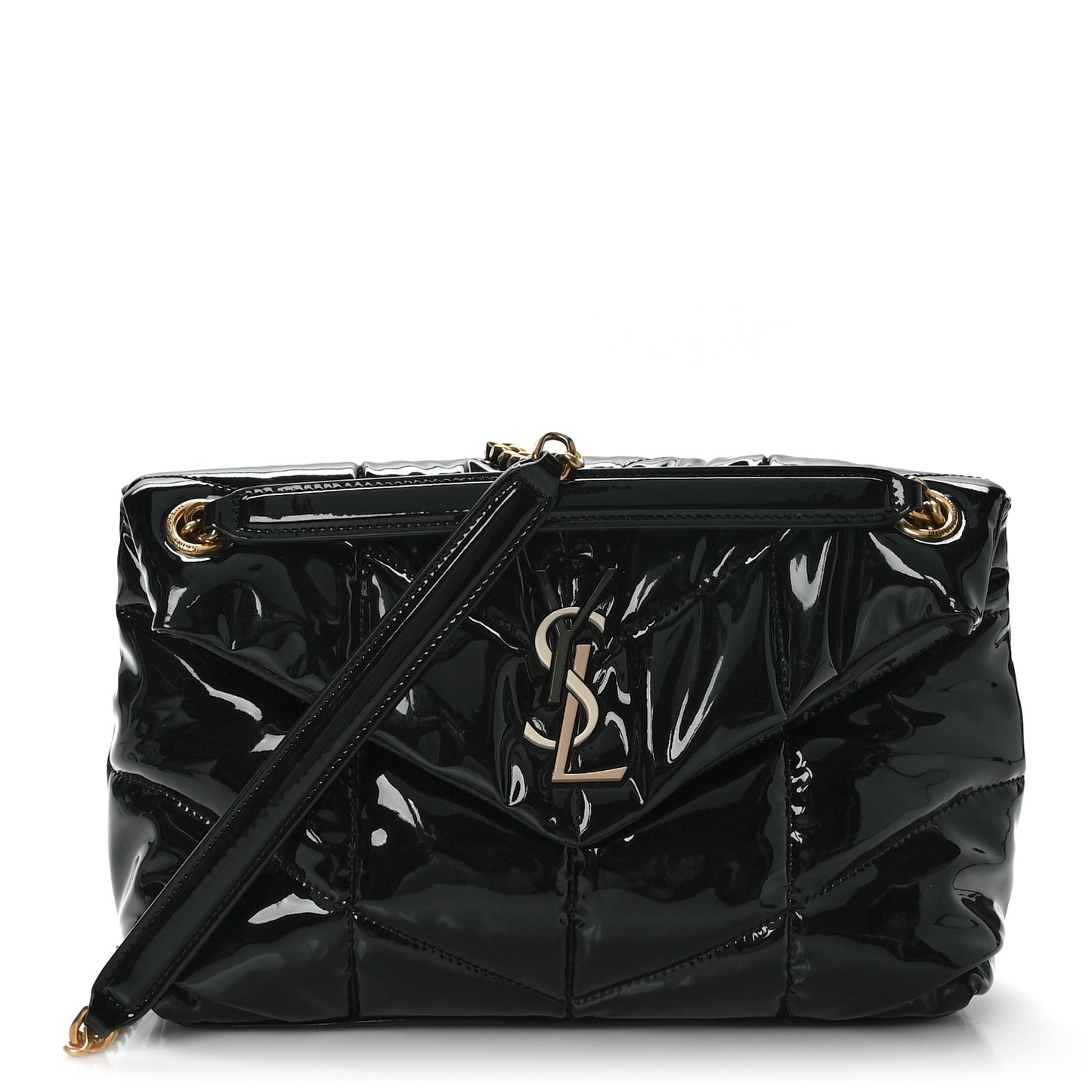 Patent Quilted Small Loulou Puffer Monogram Chain Satchel Black