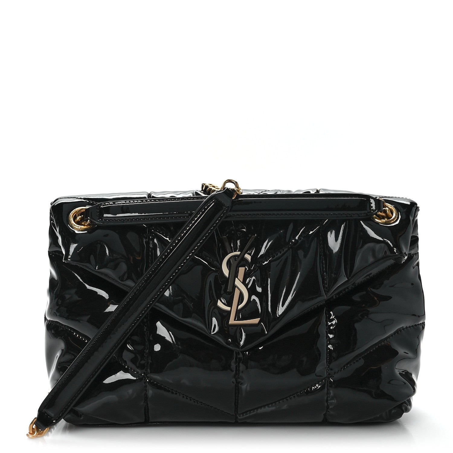 Saint Laurent Patent Quilted Small Loulou Puffer Monogram Chain Satchel Black 1 of 8