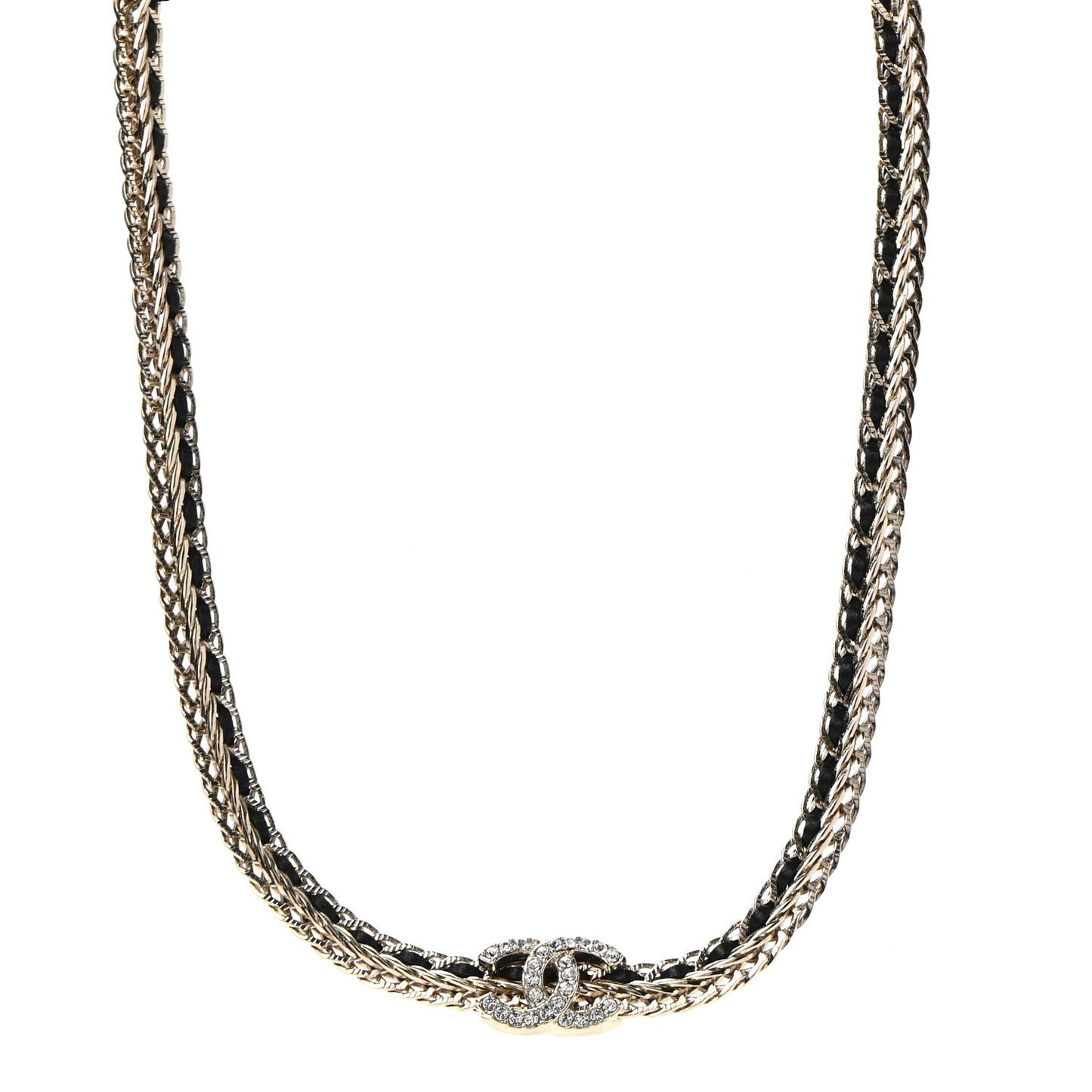 Metal Lambskin Crystal Chain CC Necklace Black Gold
