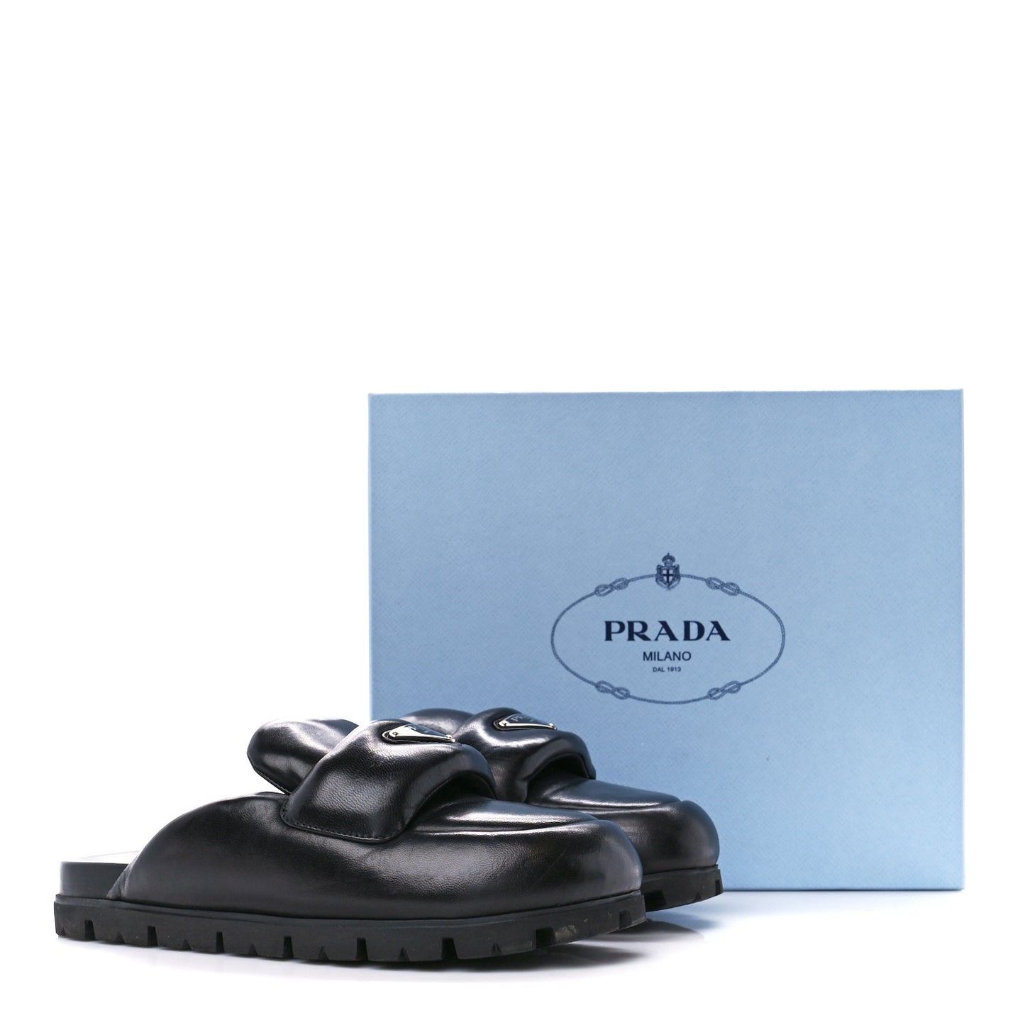 Nappa Soft Padded Metal Triangle Logo Lug Sole 20mm Mules 38 Black