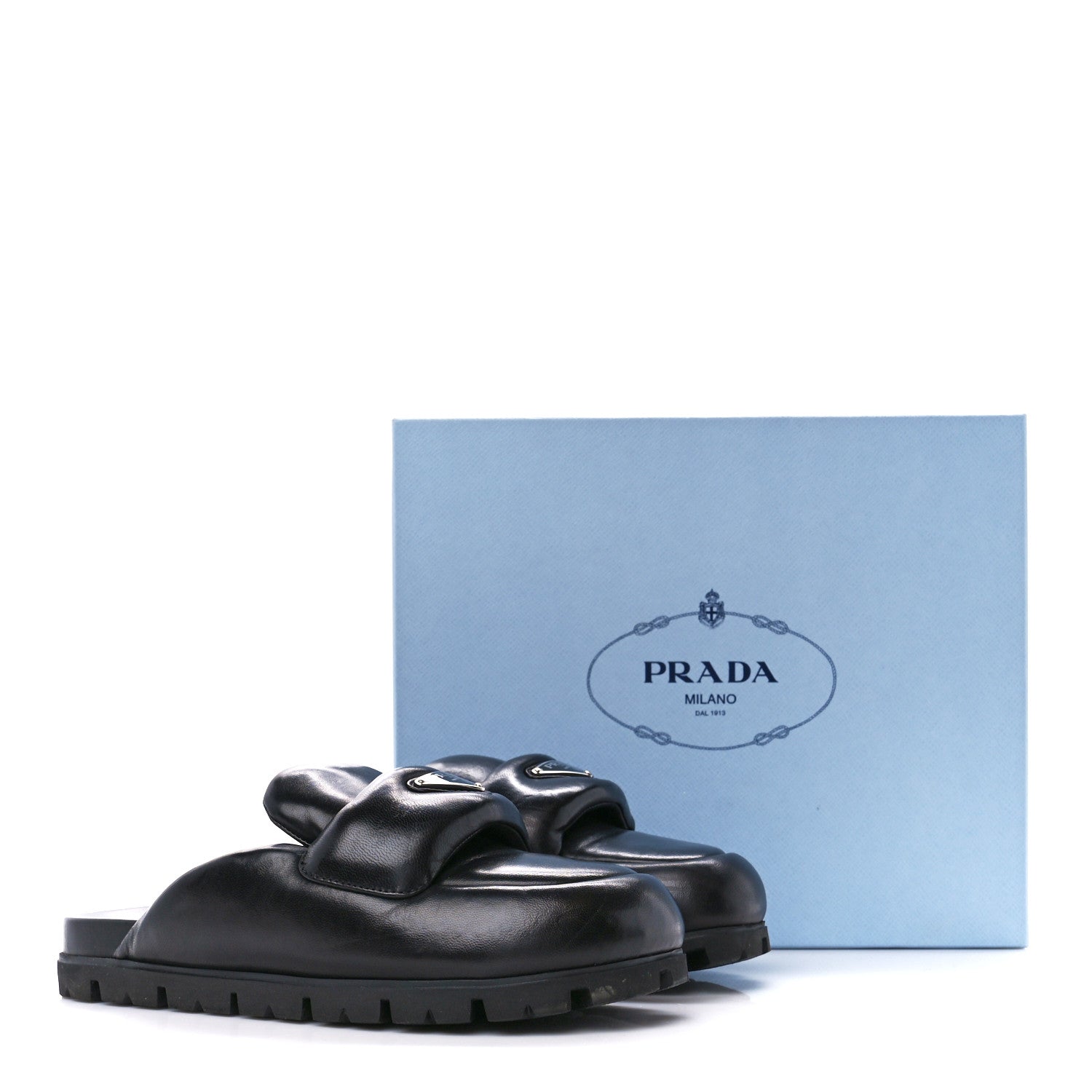 Prada Nappa Soft Padded Metal Triangle Logo Lug Sole 20mm Mules 38 Black 9 of 9