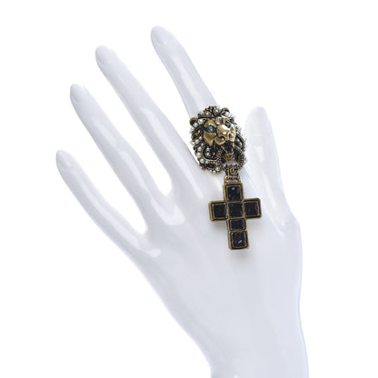 Gucci Metal Crystal Pearl Lion Head Crucifix Ring S Gold Black 2 of 9