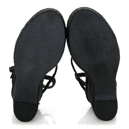 Saint Laurent Raffia Calfskin Platform Espadrille Wedge Sandals 35 Black 6 of 9