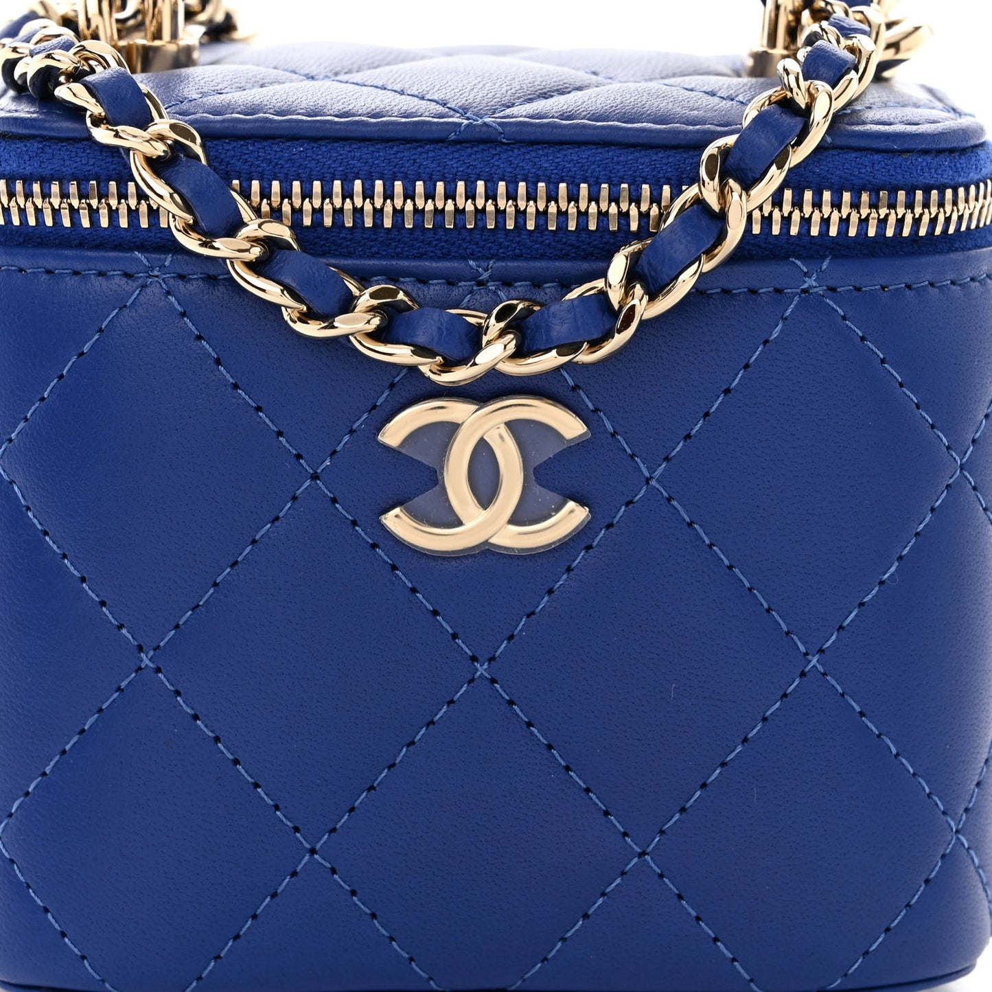 Lambskin Quilted Top Handle Mini Vanity Case With Chain Blue