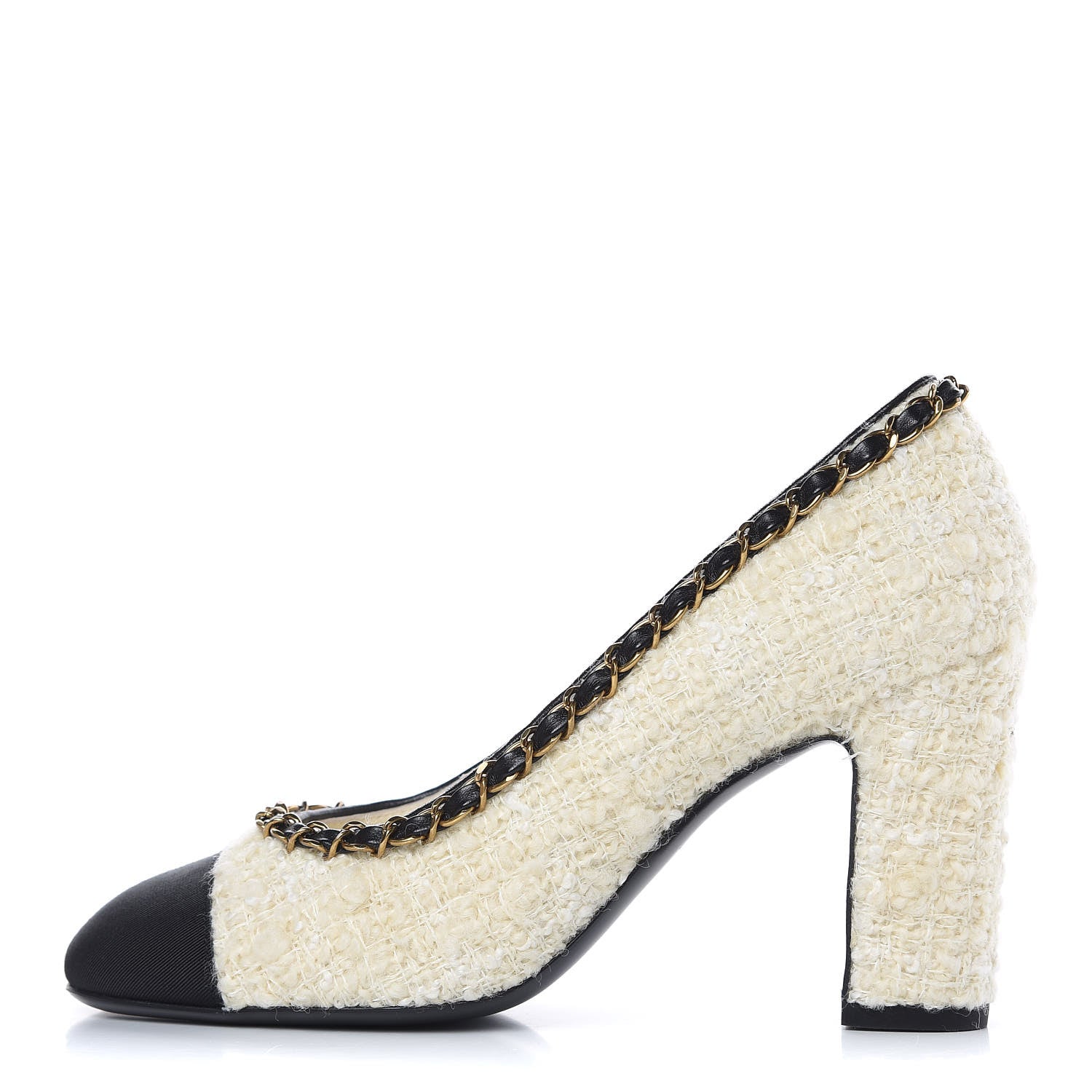 Chanel Tweed Grosgrain Chain Cap Toe Pumps 36 Ivory Black 1 of 9