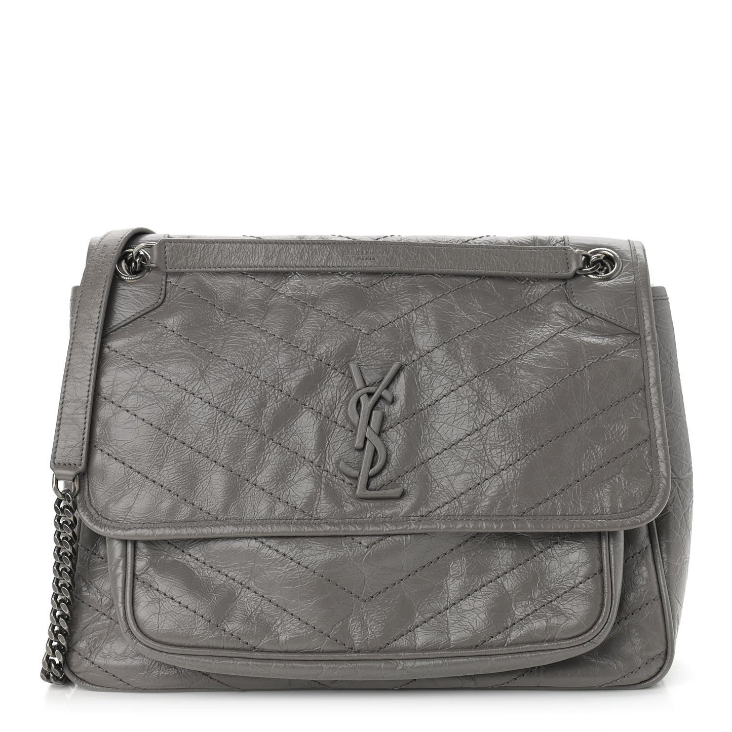 Crinkled Calfskin Matelasse Monogram Large Niki Chain Satchel Fog