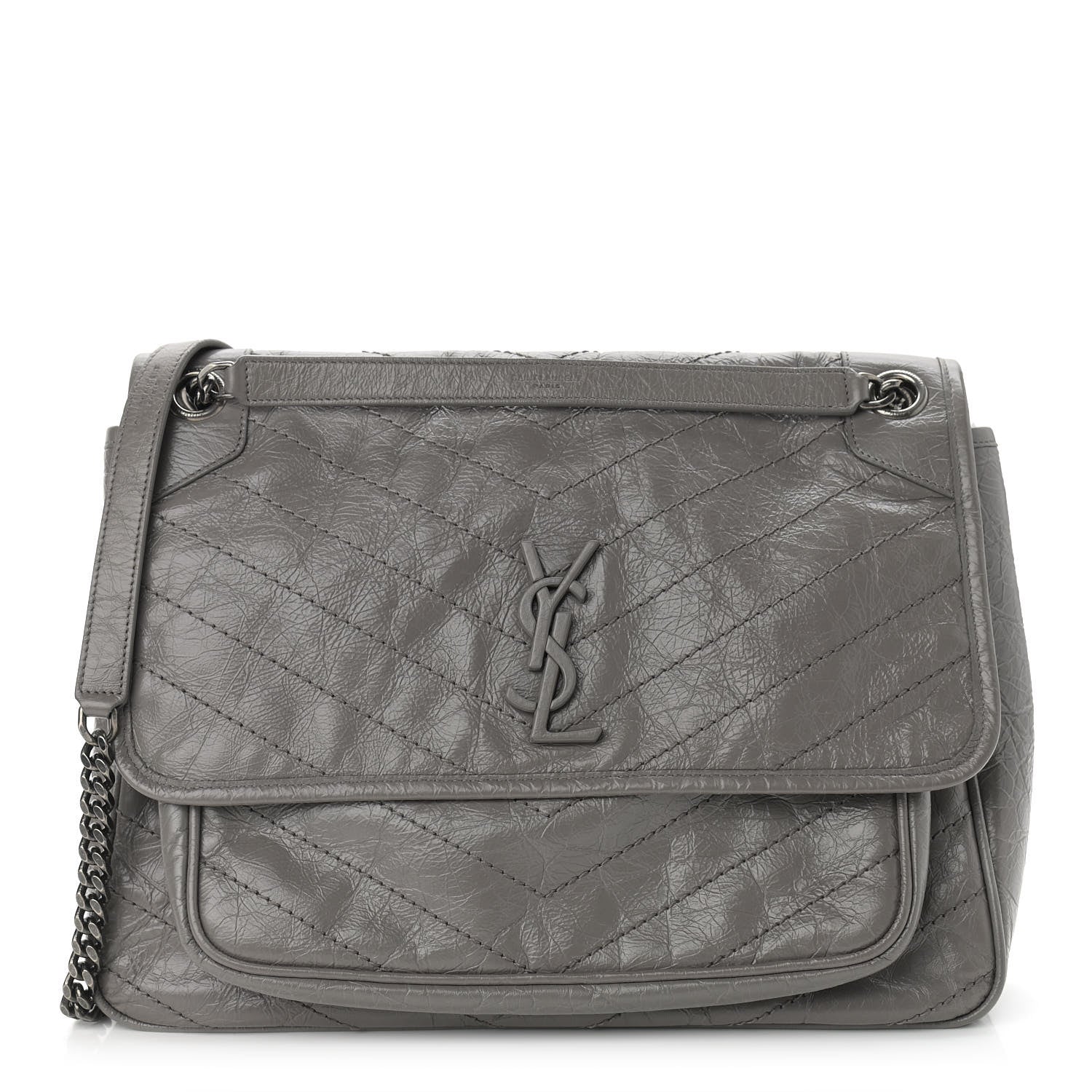 Saint Laurent Crinkled Calfskin Matelasse Monogram Large Niki Chain Satchel Fog 1 of 14