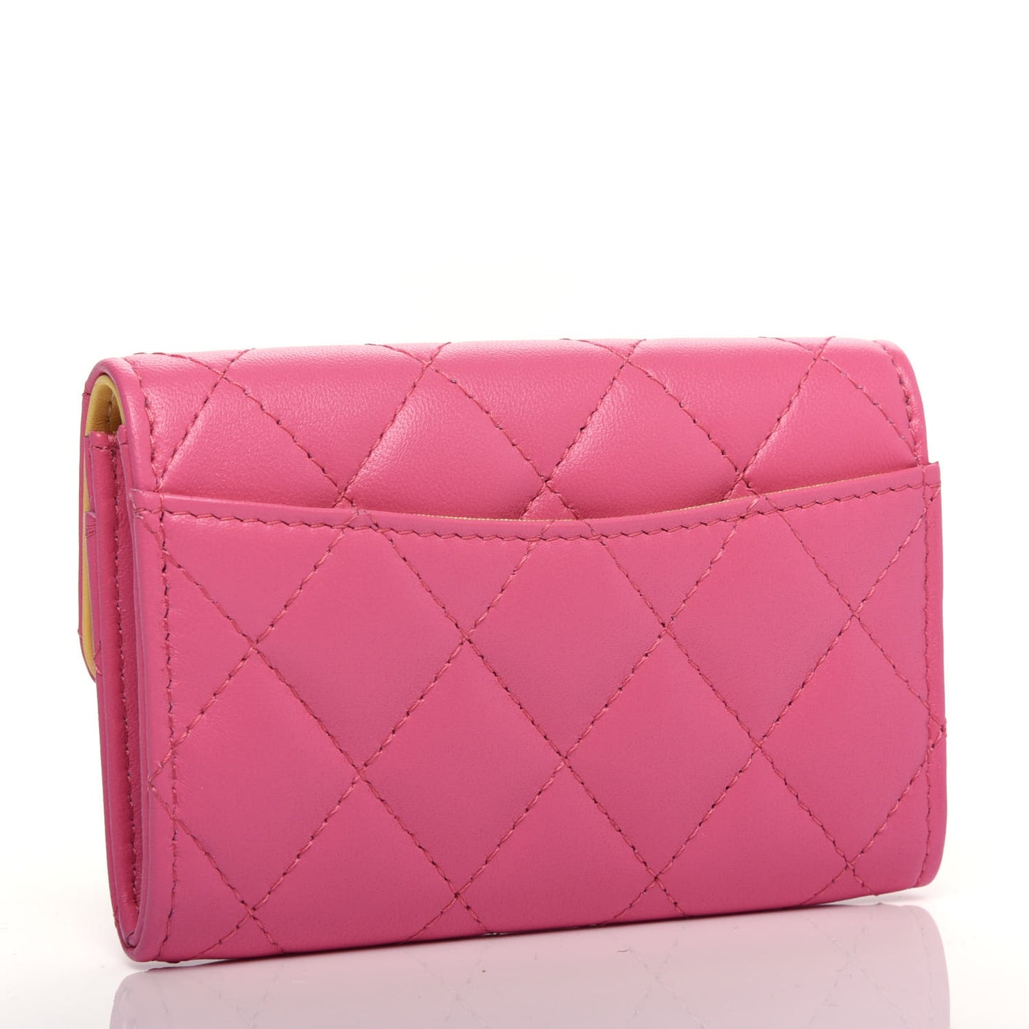 Lambskin Quilted Flap Card Holder Wallet Pink Yellow