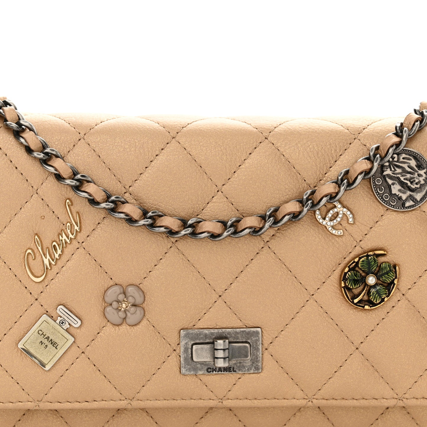 Aged Calfskin Lucky Charms Casino 2.55 Reissue Wallet on Chain WOC Beige