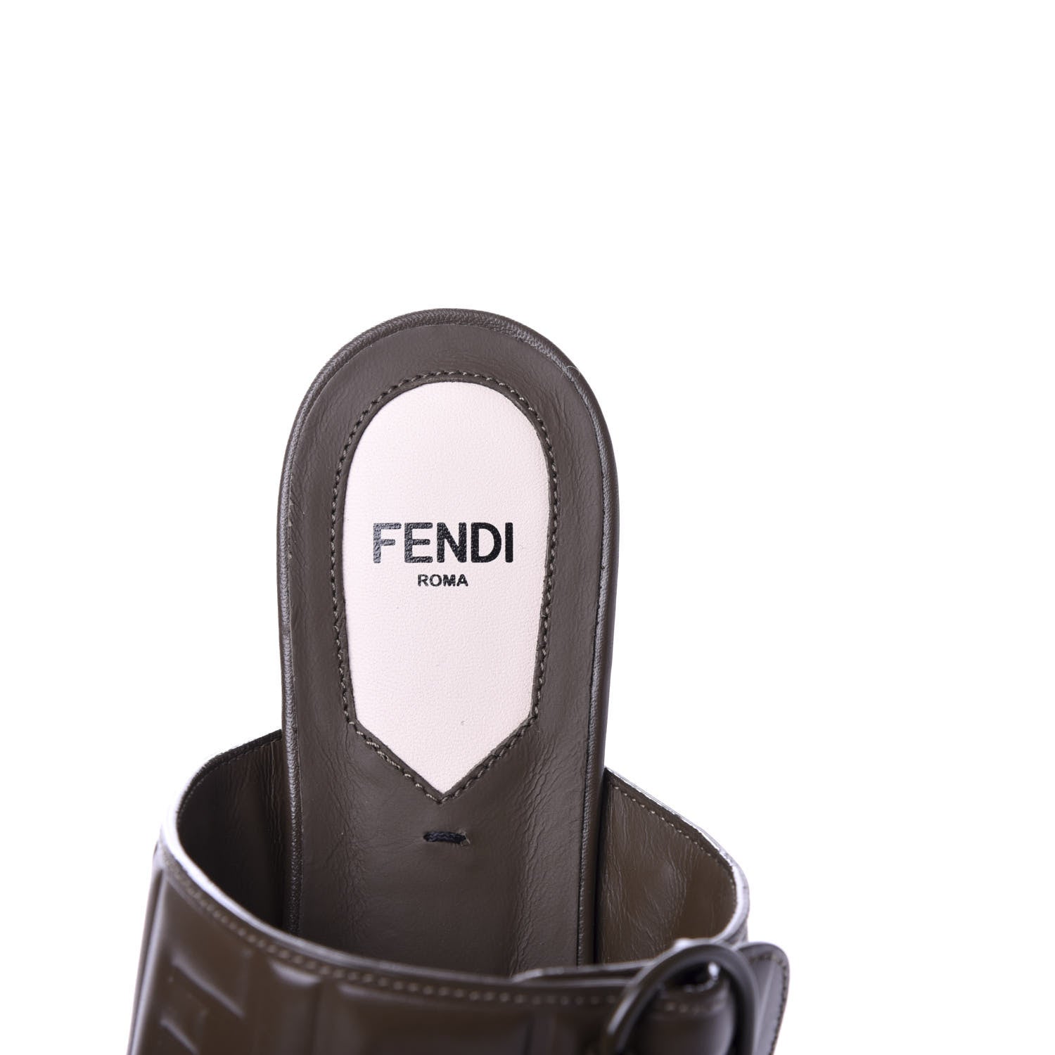 Fendi Vitello FF Embossed Buckle Flat Mules 35.5 Wood 7 of 9