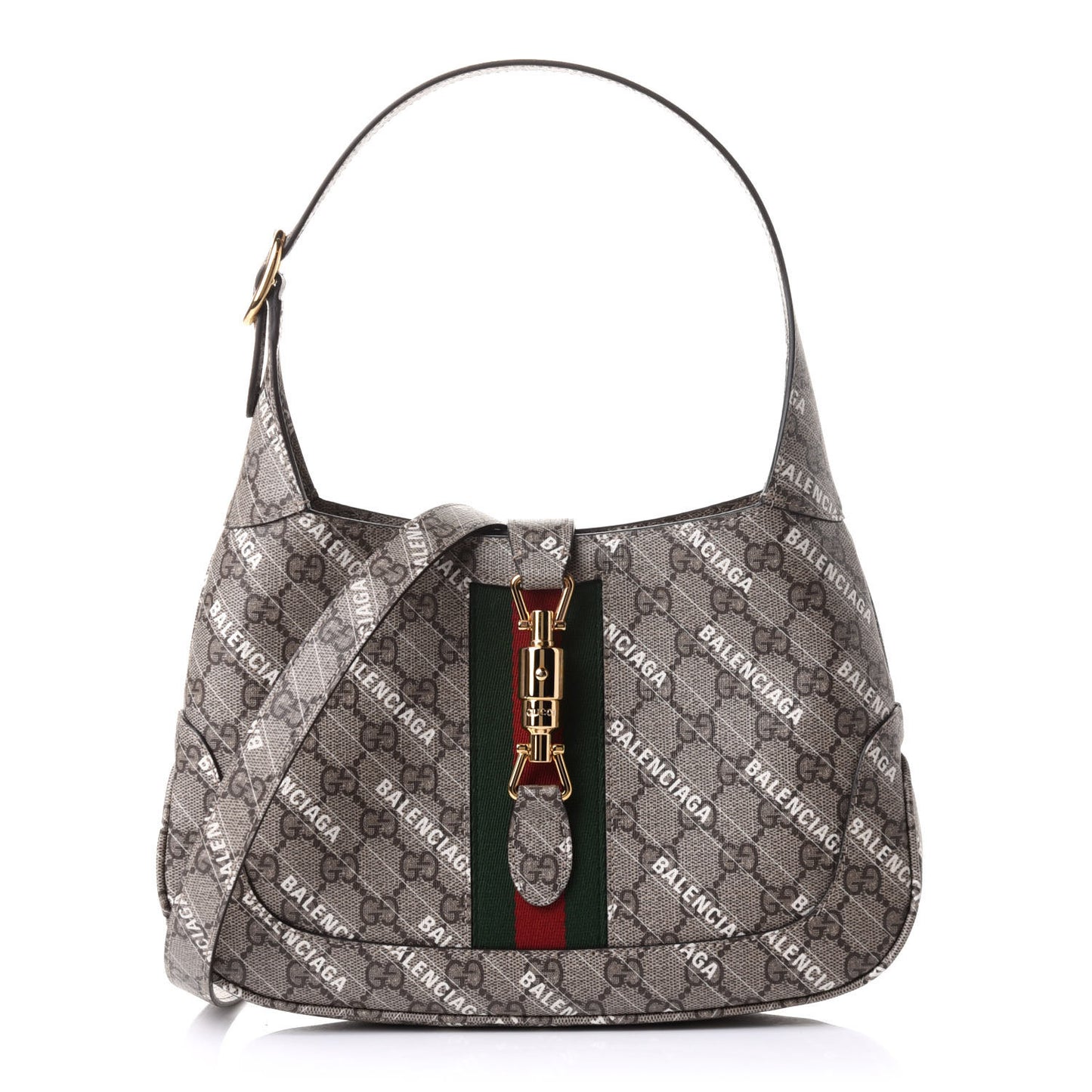 X BALENCIAGA GG Supreme Monogram Striped Logo Print Web Small Jackie 1961 Hobo Beige Ebony Mystic White