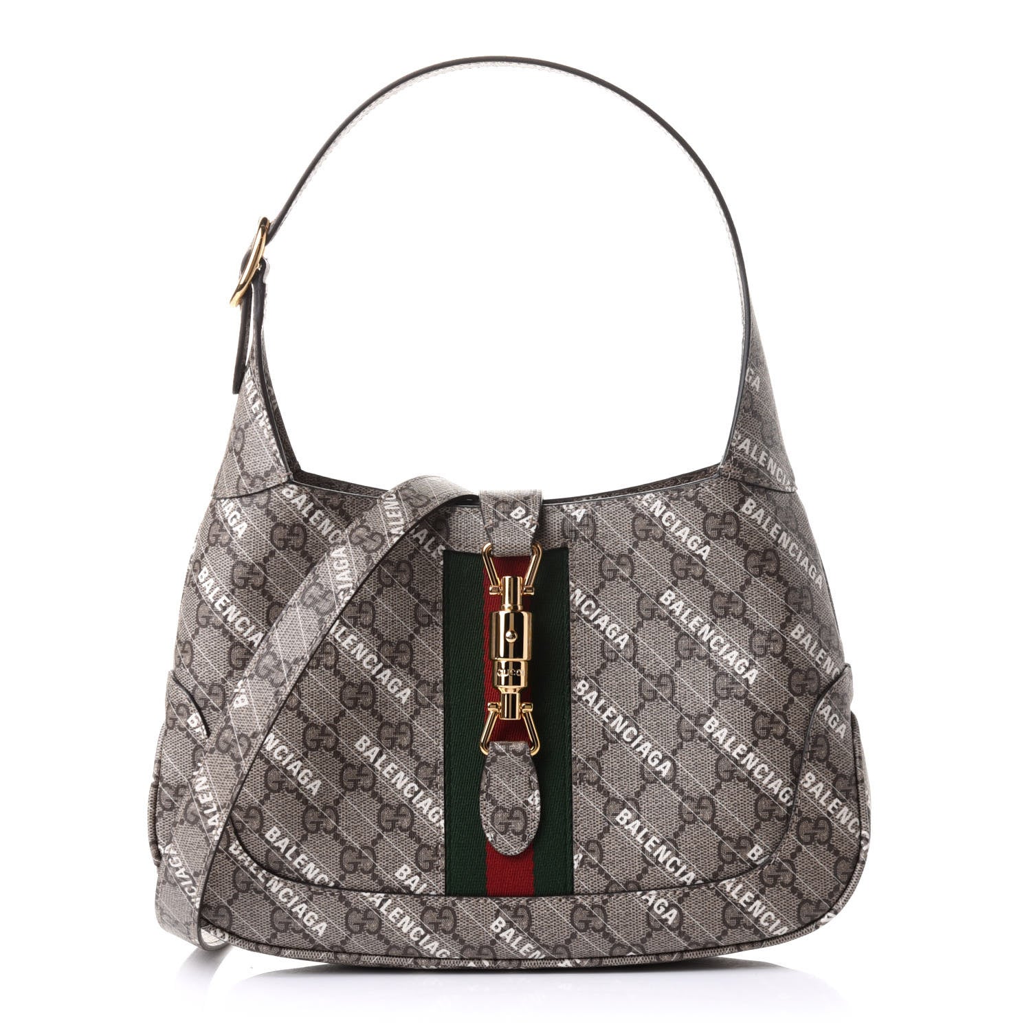 Gucci X BALENCIAGA GG Supreme Monogram Striped Logo Print Web Small Jackie 1961 Hobo Beige Ebony Mystic White 1 of 11