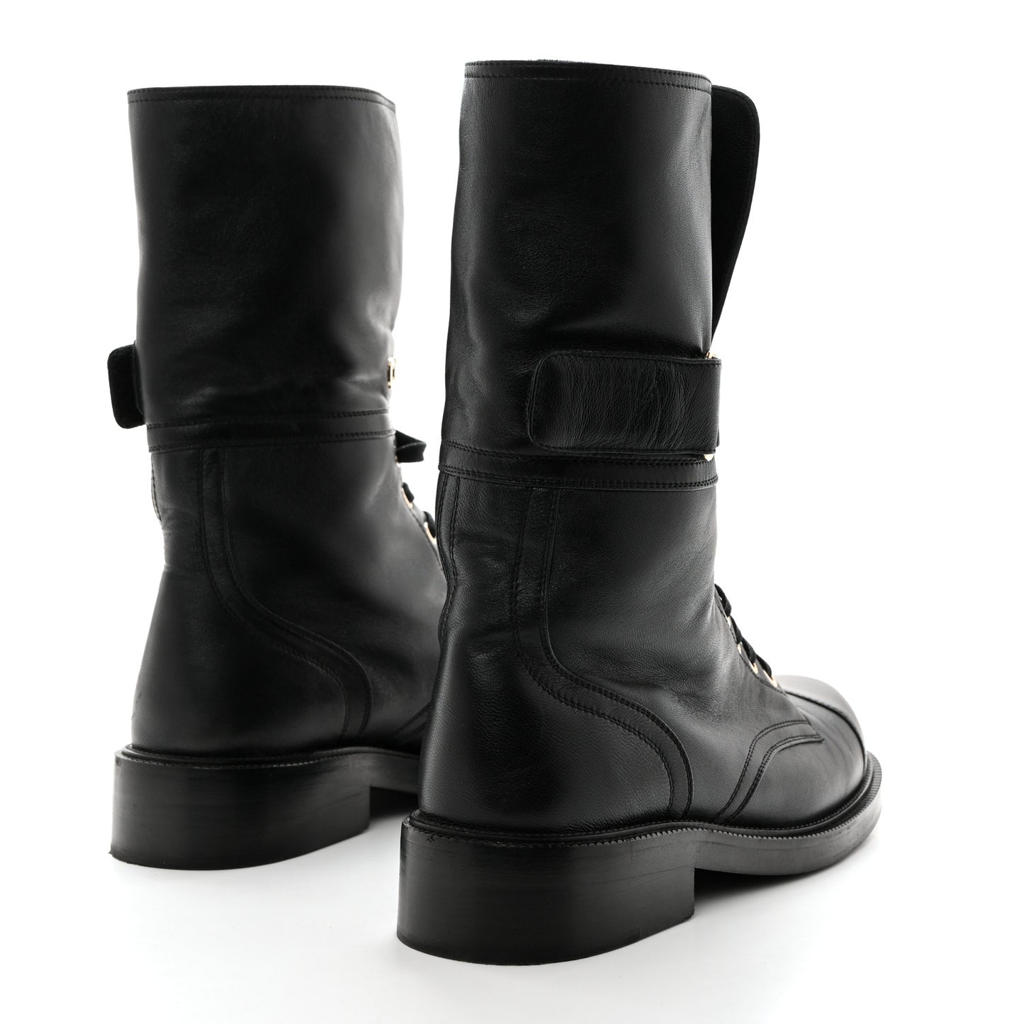 Shiny Calfskin Lace Up Combat Boots 41 Black
