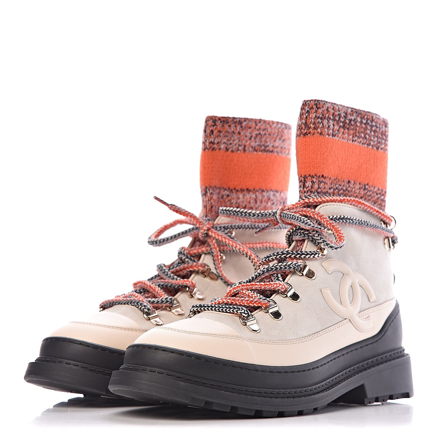 Chanel Calfskin Suede Knit CC High Top Lace Up Snow Boots 38.5 Orange Dark Grey Ivory 3 of 15