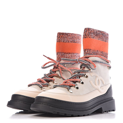 Chanel Calfskin Suede Knit CC High Top Lace Up Snow Boots 38.5 Orange Dark Grey Ivory 3 of 15
