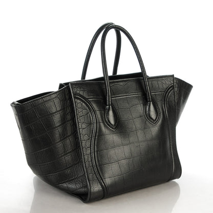 Celine Crocodile Embossed Calfskin Medium Phantom Luggage Black 3 of 7