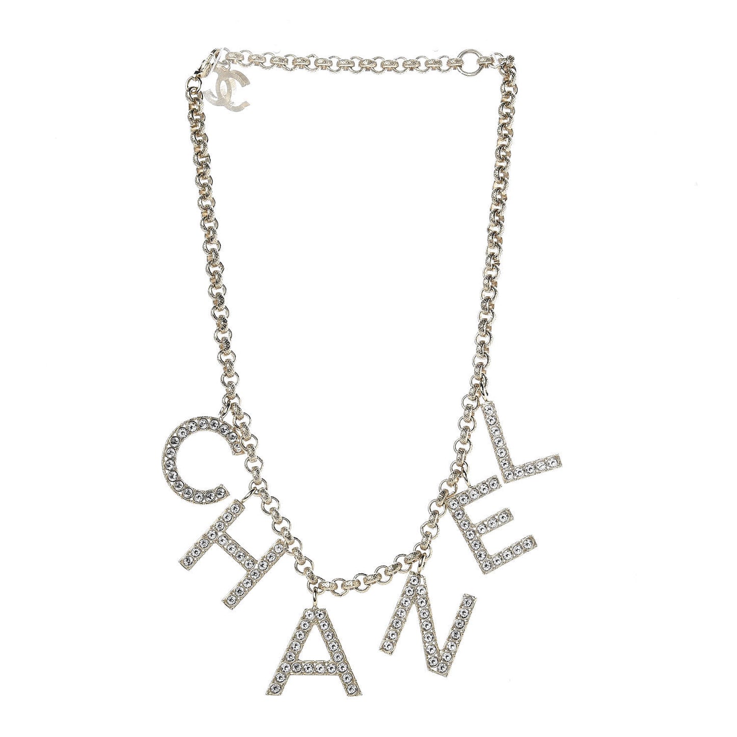 Metal Crystal Cha-Nel Logo Necklace Gold