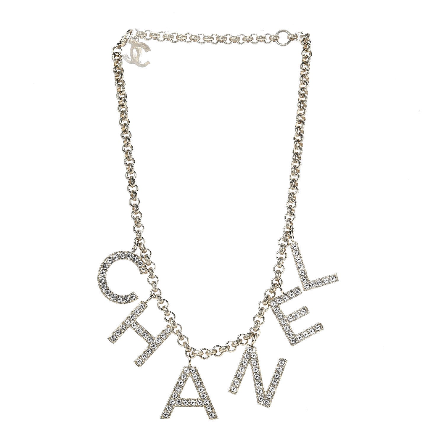 Chanel Metal Crystal Cha-Nel Logo Necklace Gold 3 of 6