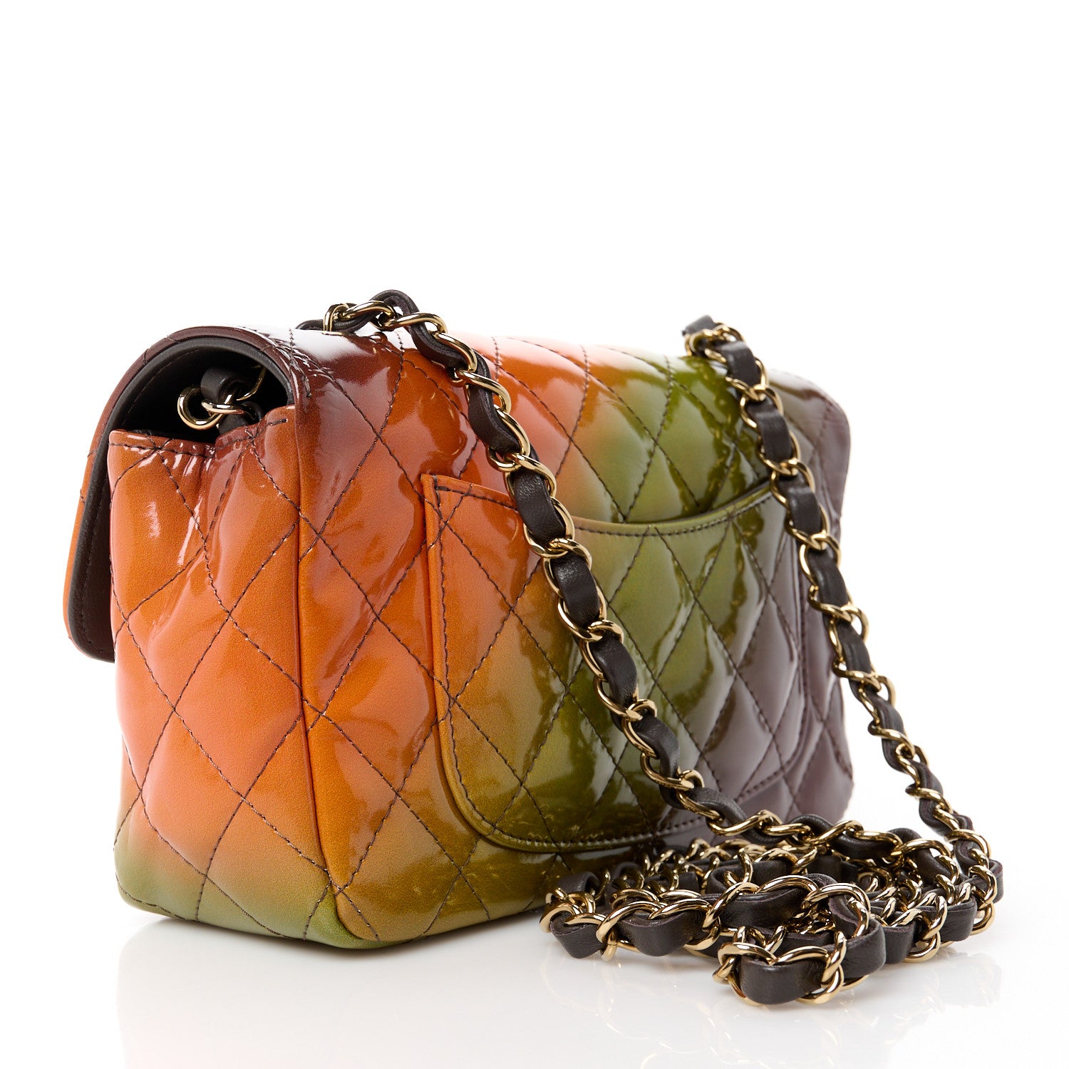Chanel Shaded Patent Calfskin Quilted Mini Rectangular Flap Green Orange Dark Brown 3 of 11