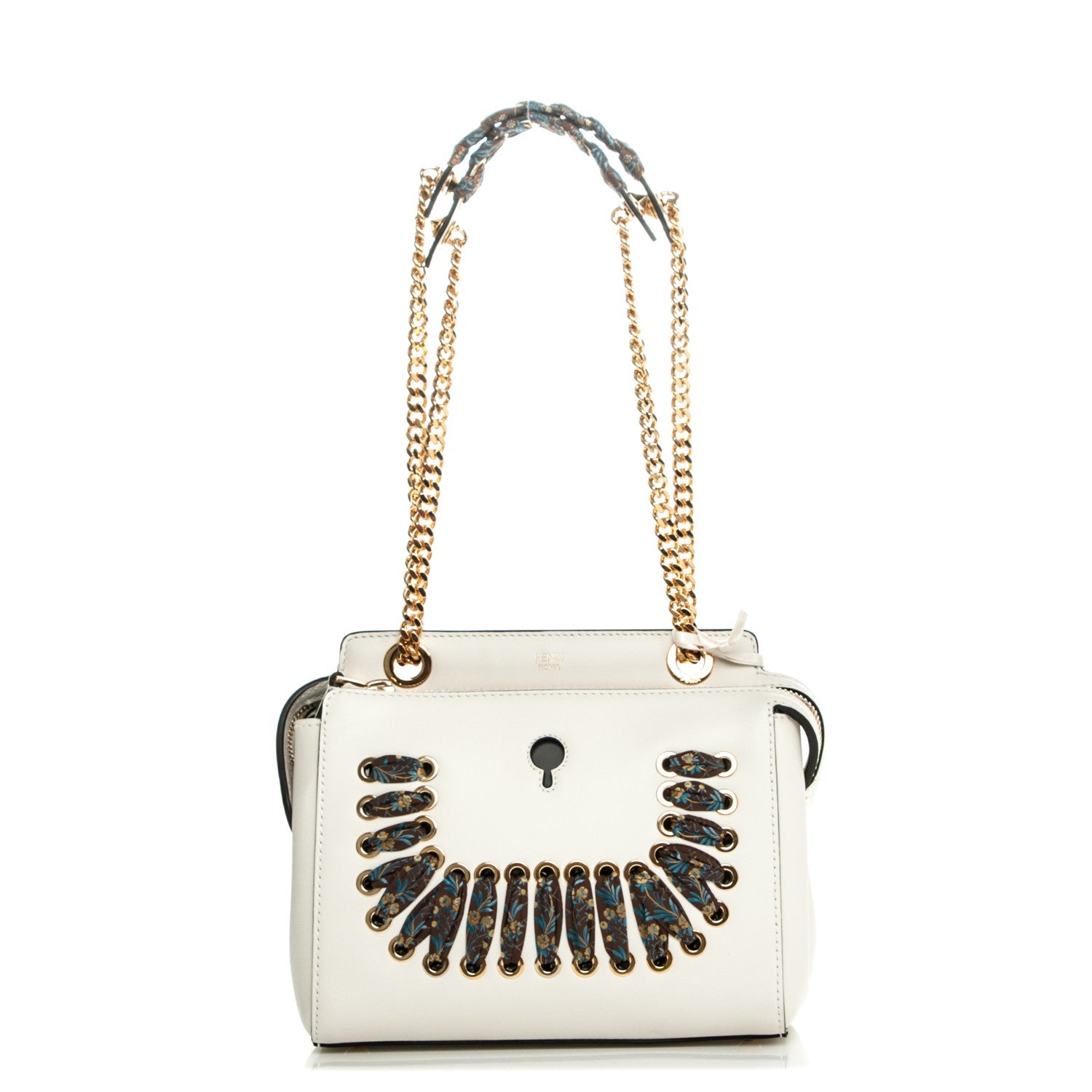 Fendi Vitello Baltico Ribbon Lace Up Floral Small DotCom Click Chain Satchel White Multicolor 1 of 22