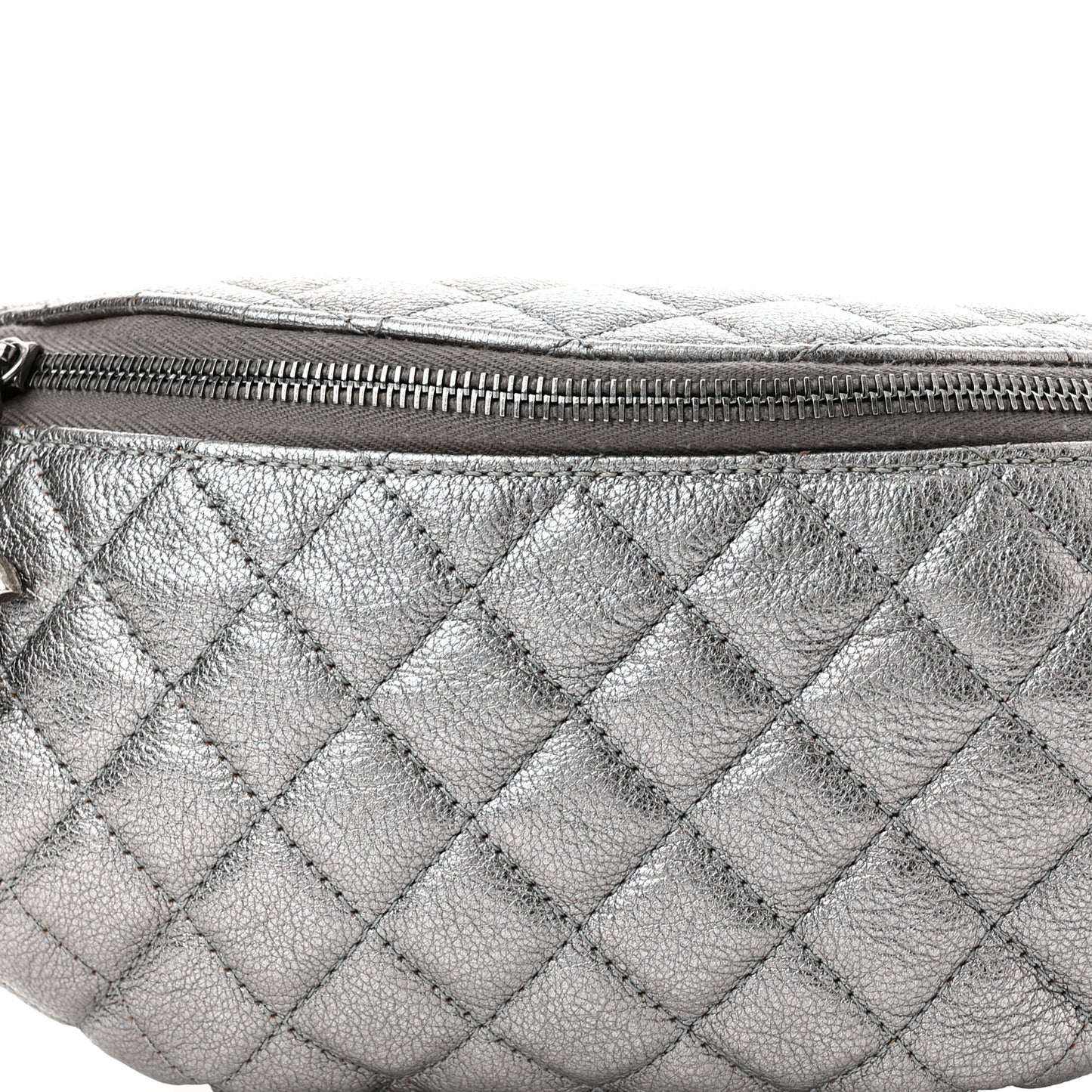 Metallic Calfskin Quilted Banane Waist Bag Fanny Pack Silver