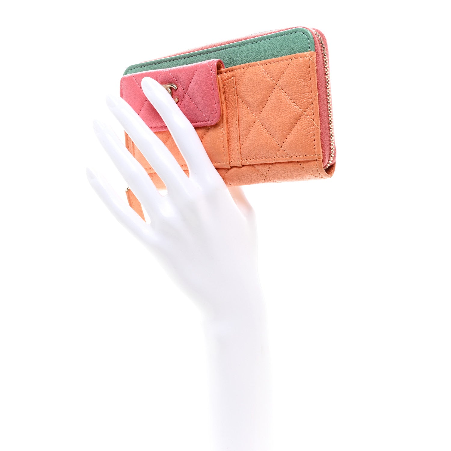 Chanel Goatskin Quilted Tri-Color In & Out Zip Around Wallet Orange Green Pink 2 of 9