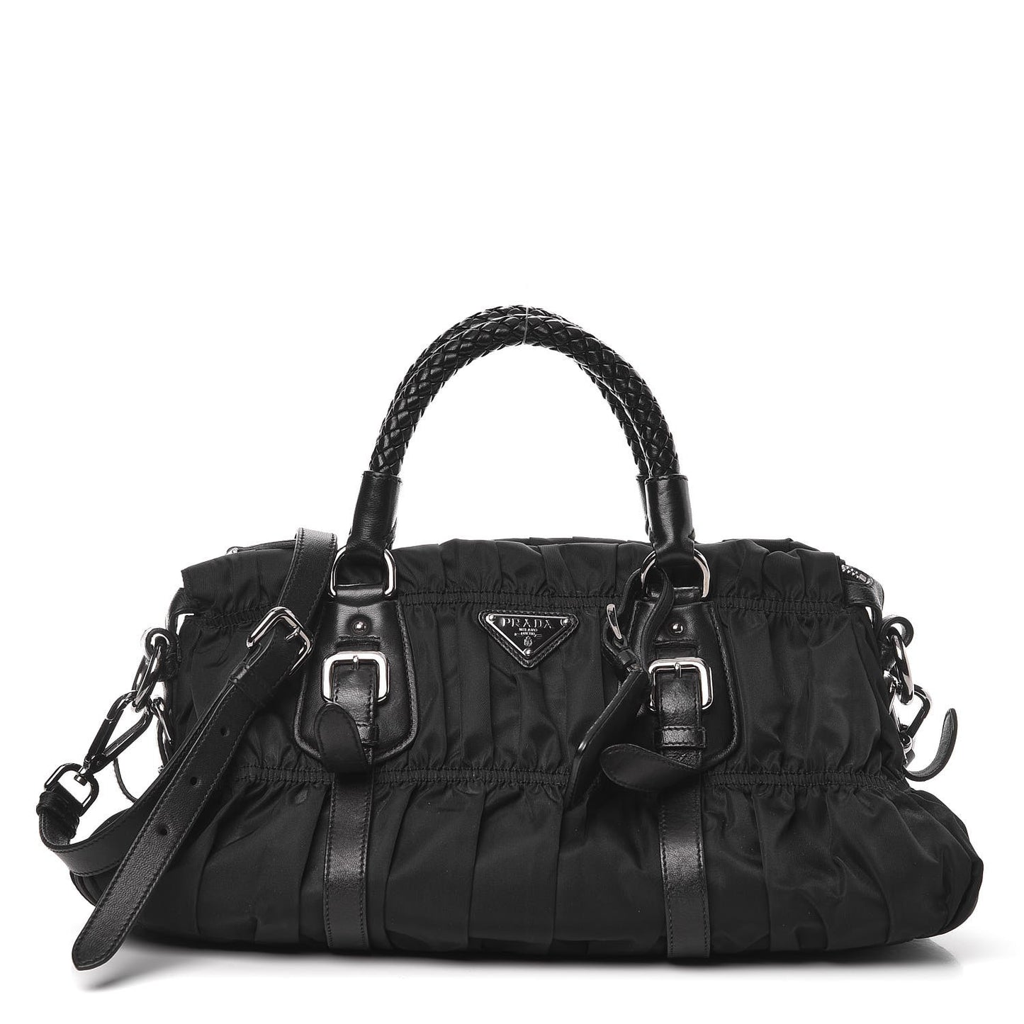 Tessuto Nylon Nappa Braided Gaufre Shopping Satchel Black