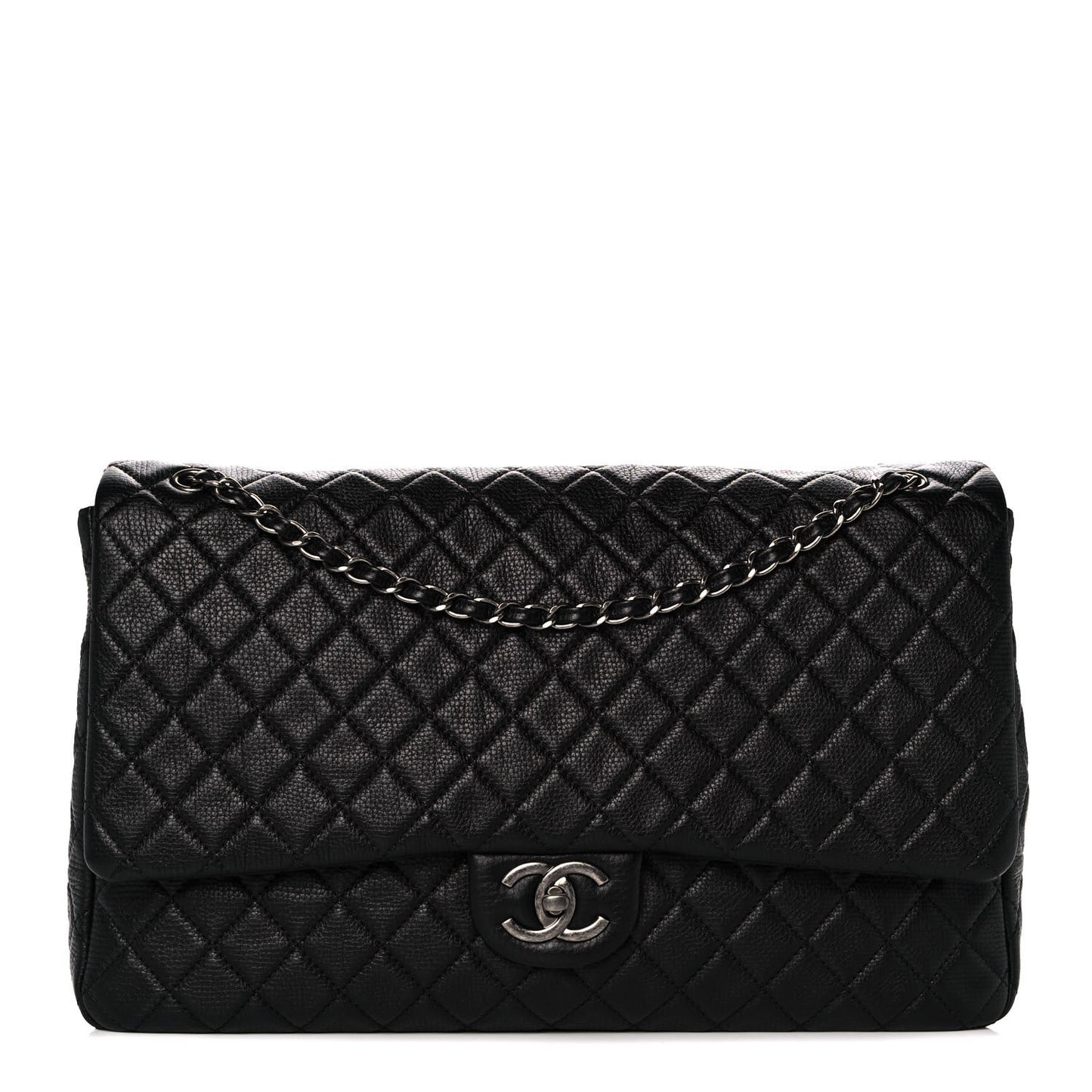 Calfskin Quilted XXL Travel Flap Bag Black