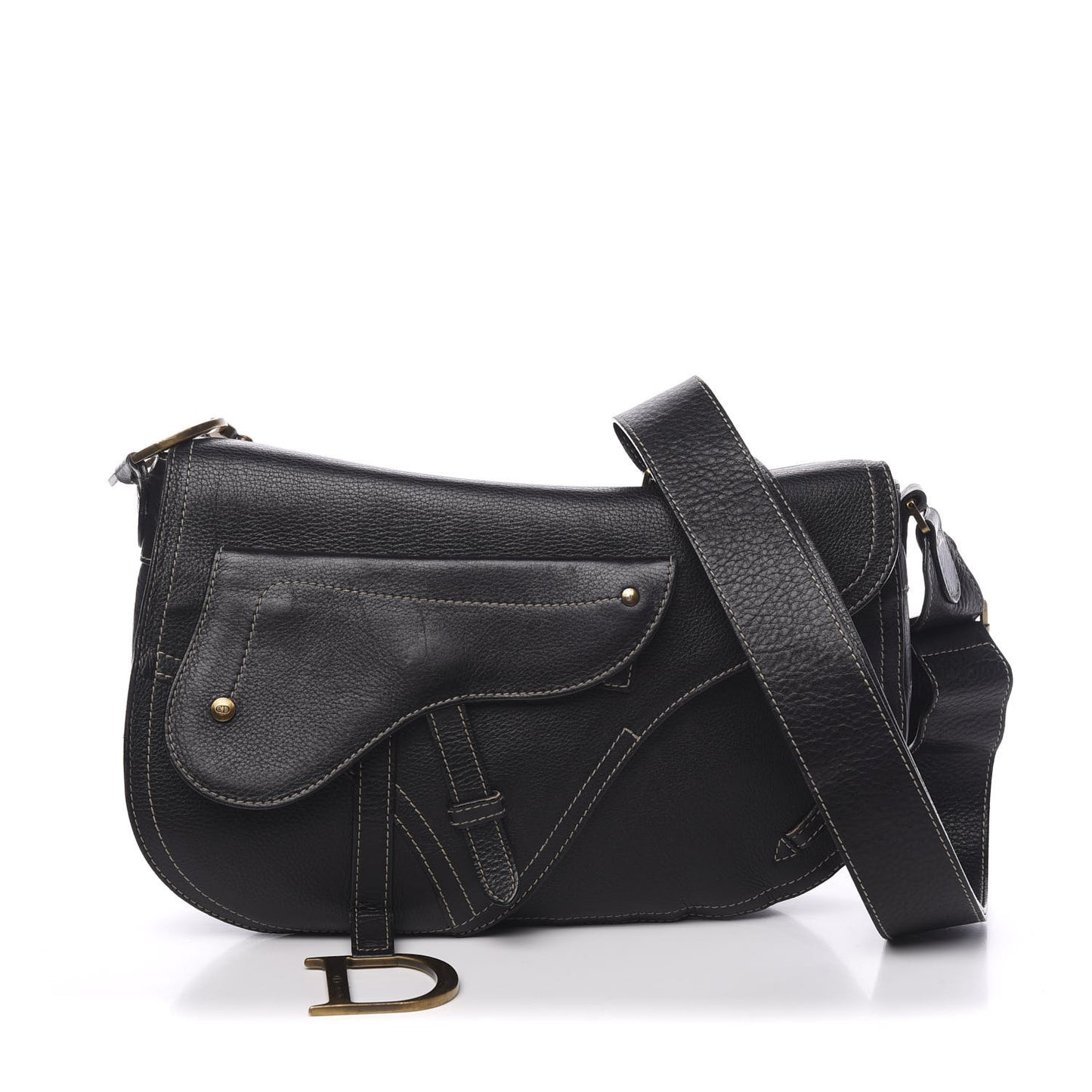 Grained Calfskin Double Saddle Bag Black