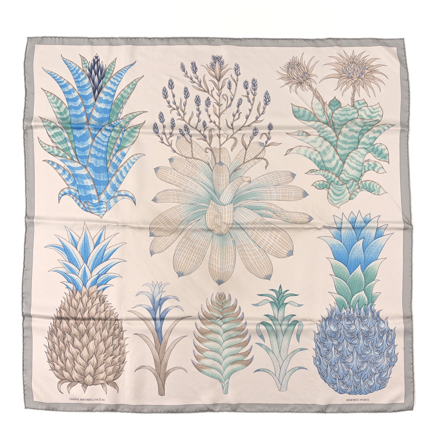 Hermes Silk Index Bromeliaceae Scarf 90 Gris Argent Bleu Vert Amande 1 of 3
