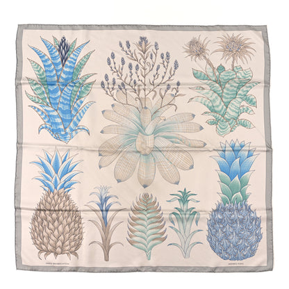 Hermes Silk Index Bromeliaceae Scarf 90 Gris Argent Bleu Vert Amande 1 of 3